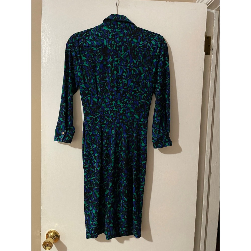 Cache Dress Women's Size M Blue Green Abstract Print Button Front Tie Waist Midi - Picture 3 of 7